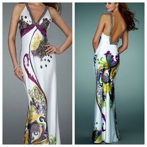 La Femme Prom Evening Full Length Colorful Beaded Plunging Open Back Stunning Ma